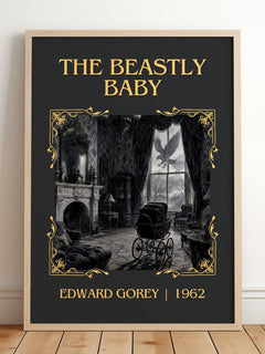 The Beastly Baby Classic Book Art Print by Edward Gorey – framed print leaning on a wooden floor