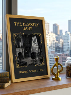 The Beastly Baby Classic Book Art Print by Edward Gorey – framed print on a city-view windowsill