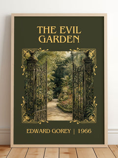 The Evil Garden Classic Book Art Print by Edward Gorey – framed print leaning on a wooden floor