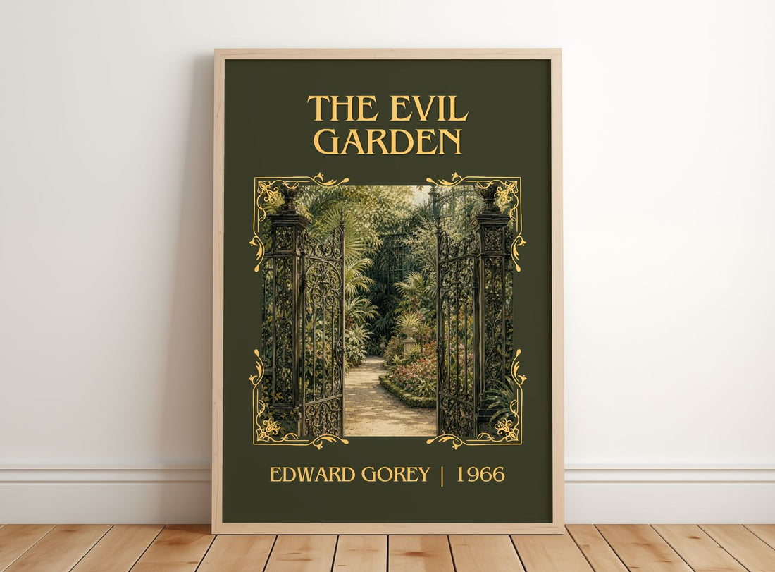 The Evil Garden Classic Book Art Print by Edward Gorey – framed print leaning on a wooden floor