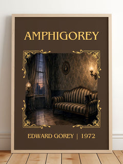 Amphigorey Classic Book Art Print by Edward Gorey – framed print leaning on a wooden floor