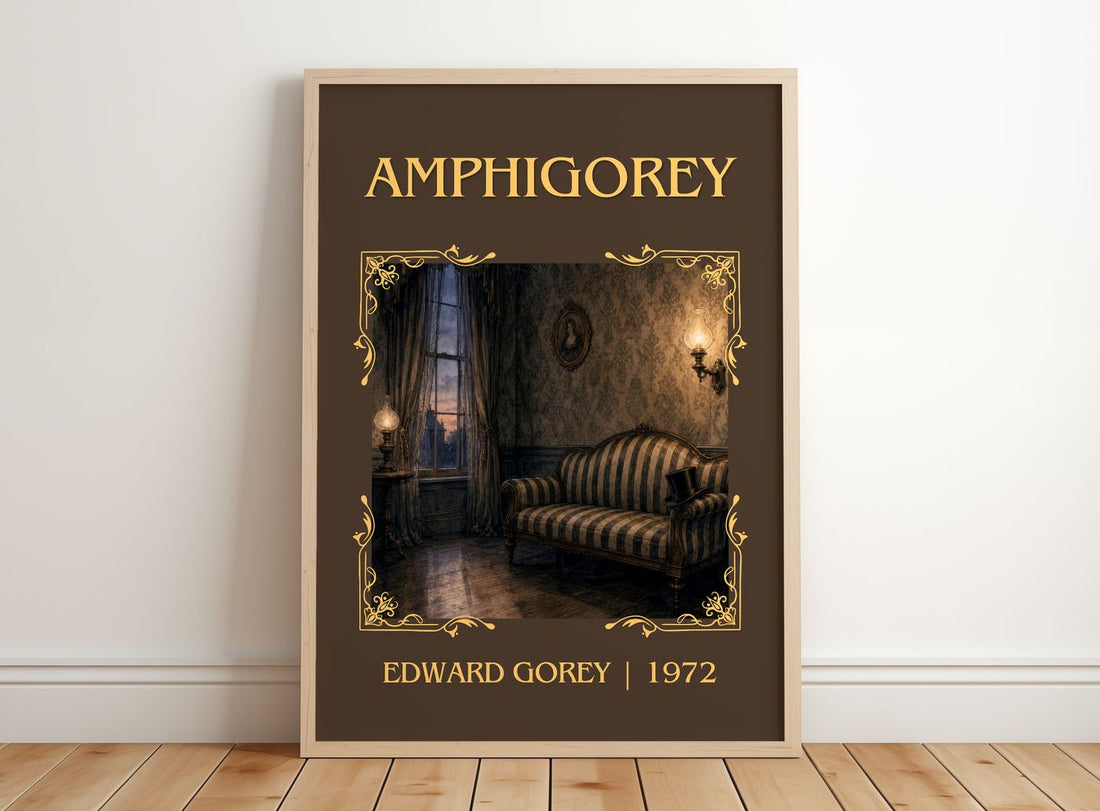 Amphigorey Classic Book Art Print by Edward Gorey – framed print leaning on a wooden floor