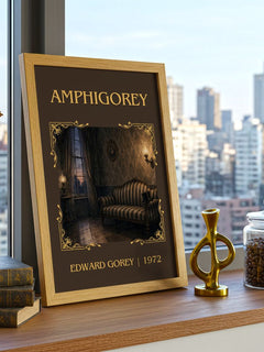 Amphigorey Classic Book Art Print by Edward Gorey – framed print on a city-view windowsill