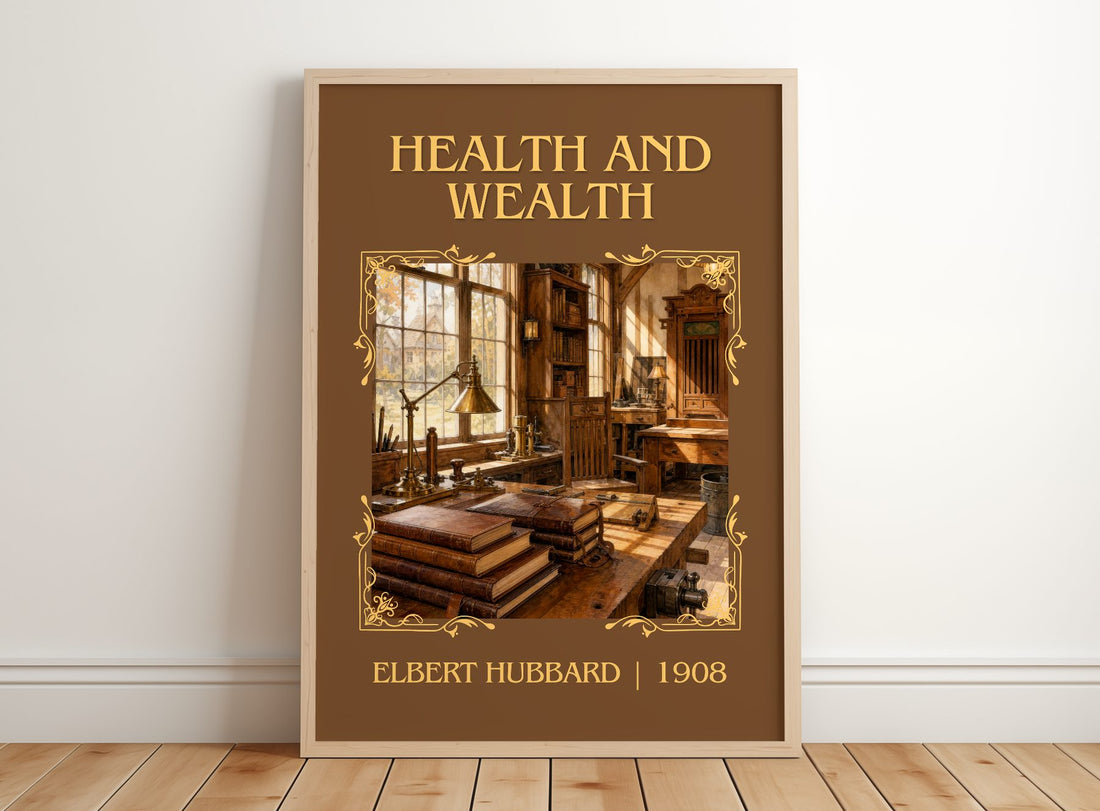 Health And Wealth Classic Book Art Print by Elbert Hubbard – framed print leaning on a wooden floor