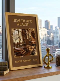 Health And Wealth Classic Book Art Print by Elbert Hubbard – framed print on a city-view windowsill