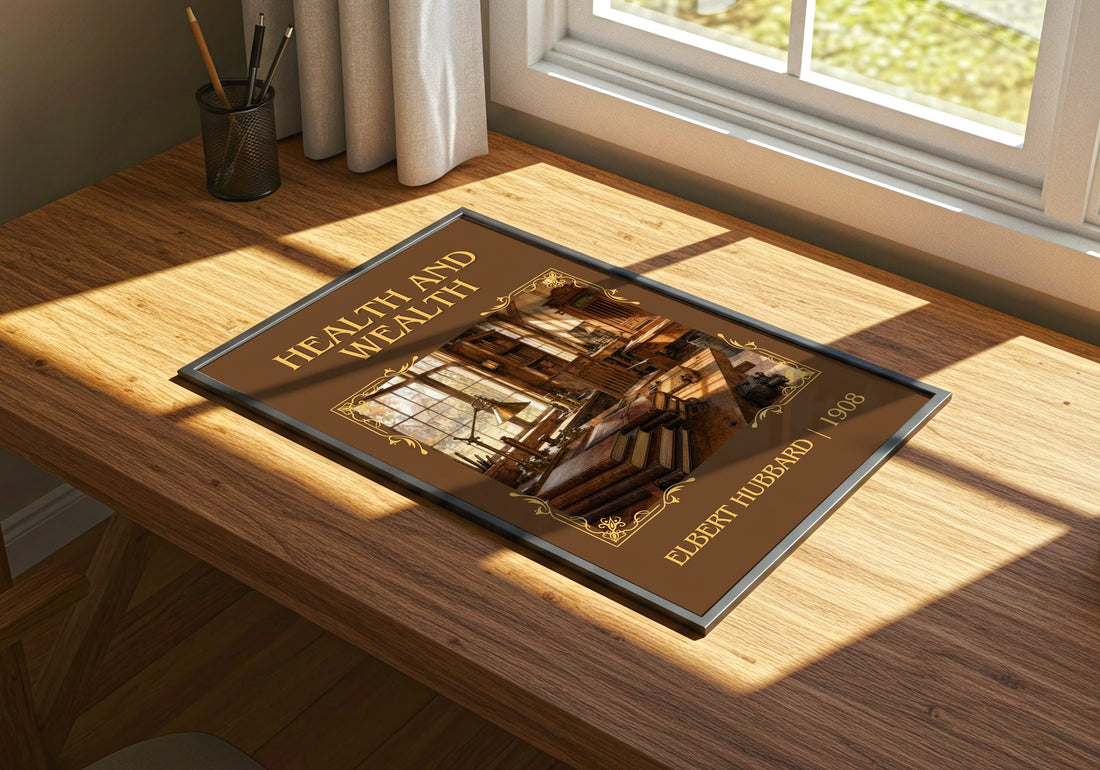 Health And Wealth Classic Book Art Print by Elbert Hubbard – print on a sunlit desk