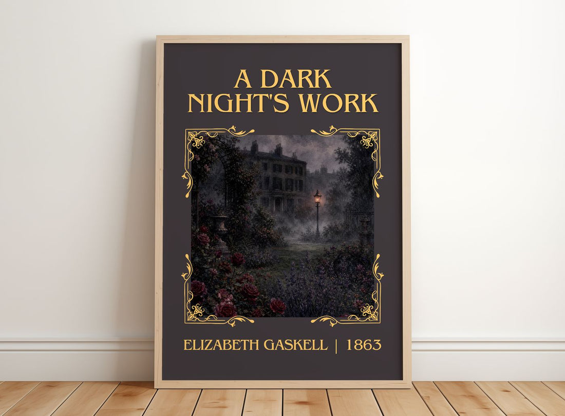 A Dark Night'S Work Classic Book Art Print by Elizabeth Gaskell – framed print leaning on a wooden floor