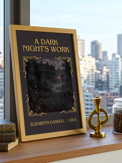 A Dark Night'S Work Classic Book Art Print by Elizabeth Gaskell – framed print on a city-view windowsill