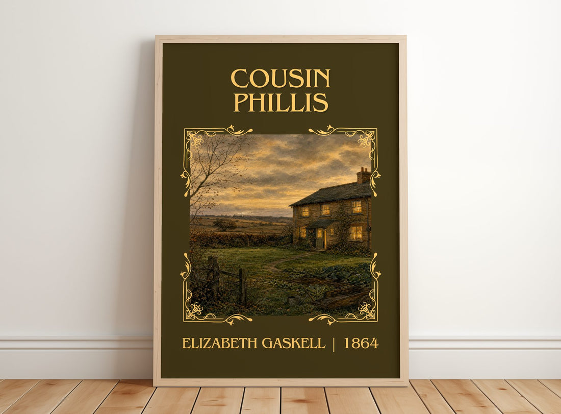 Cousin Phillis Classic Book Art Print by Elizabeth Gaskell – framed print leaning on a wooden floor