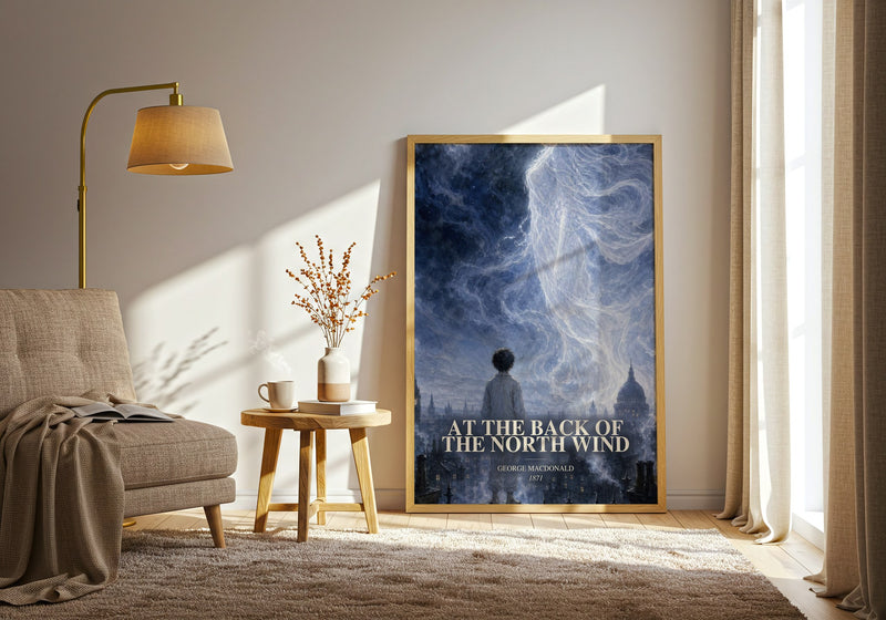 At The Back Of The North Wind watercolour print in frame leaning in hallway – childrens wall art