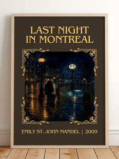 Last Night In Montreal Classic Book Art Print by Emily St. John Mandel – framed print leaning on a wooden floor