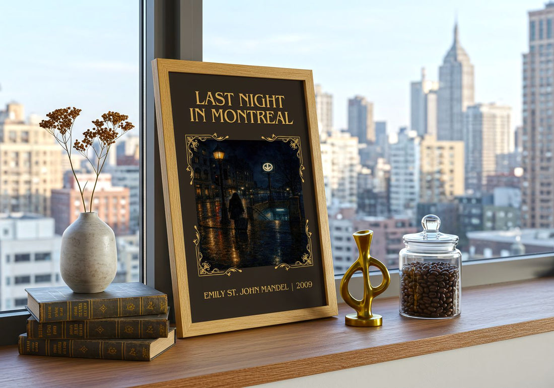 Last Night In Montreal Classic Book Art Print by Emily St. John Mandel – framed print on a city-view windowsill