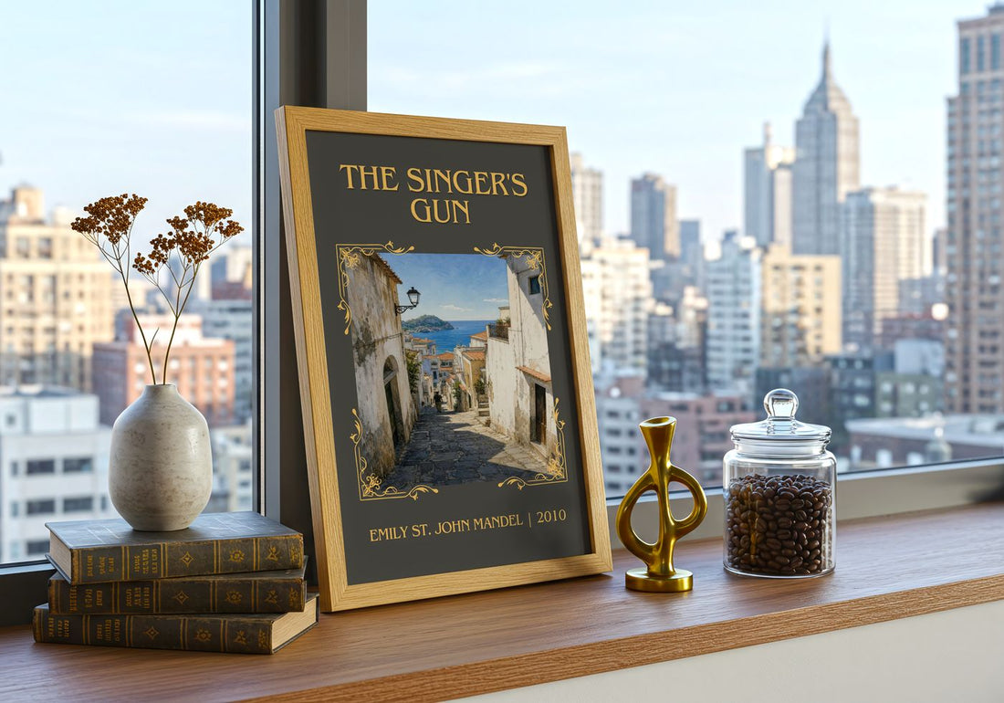 The Singer'S Gun Classic Book Art Print by Emily St. John Mandel – framed print on a city-view windowsill