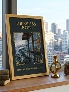 The Glass Hotel Classic Book Art Print by Emily St. John Mandel – framed print on a city-view windowsill