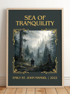 Sea Of Tranquility Classic Book Art Print by Emily St. John Mandel – framed print leaning on a wooden floor