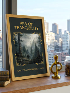 Sea Of Tranquility Classic Book Art Print by Emily St. John Mandel – framed print on a city-view windowsill