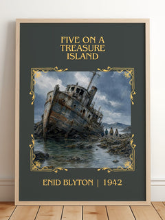 Five On A Treasure Island Classic Book Art Print by Enid Blyton – framed print leaning on a wooden floor