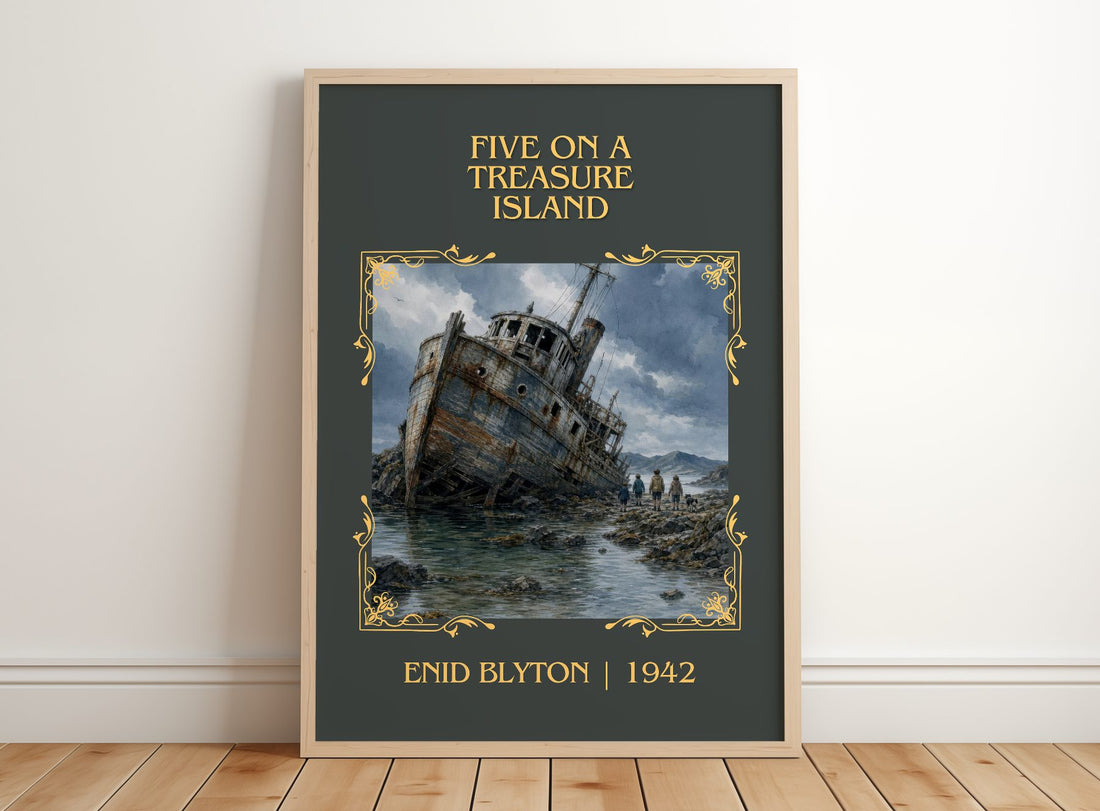 Five On A Treasure Island Classic Book Art Print by Enid Blyton – framed print leaning on a wooden floor