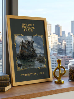 Five On A Treasure Island Classic Book Art Print by Enid Blyton – framed print on a city-view windowsill