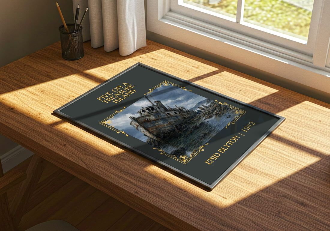 Five On A Treasure Island Classic Book Art Print by Enid Blyton – print on a sunlit desk