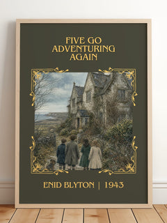 Five Go Adventuring Again Classic Book Art Print by Enid Blyton – framed print leaning on a wooden floor