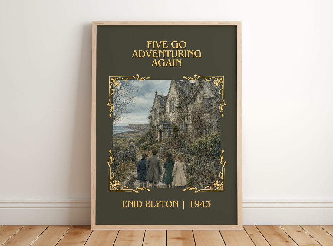 Five Go Adventuring Again Classic Book Art Print by Enid Blyton – framed print leaning on a wooden floor