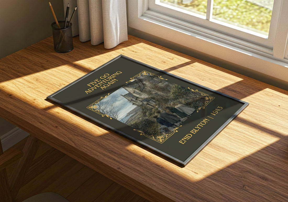 Five Go Adventuring Again Classic Book Art Print by Enid Blyton – print on a sunlit desk