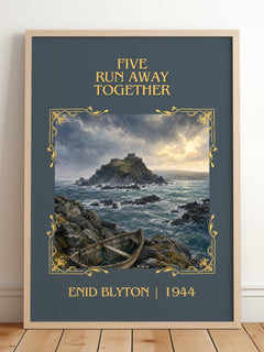 Five Run Away Together Classic Book Art Print by Enid Blyton – framed print leaning on a wooden floor