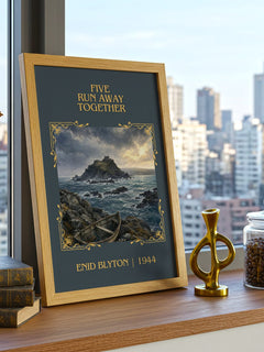 Five Run Away Together Classic Book Art Print by Enid Blyton – framed print on a city-view windowsill