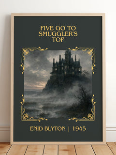 Five Go To Smuggler'S Top Classic Book Art Print by Enid Blyton – framed print leaning on a wooden floor