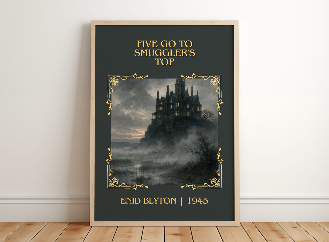 Five Go To Smuggler'S Top Classic Book Art Print by Enid Blyton – framed print leaning on a wooden floor