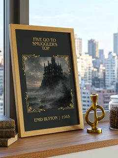 Five Go To Smuggler'S Top Classic Book Art Print by Enid Blyton – framed print on a city-view windowsill