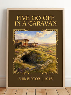 Five Go Off In A Caravan Classic Book Art Print by Enid Blyton – framed print leaning on a wooden floor