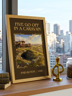Five Go Off In A Caravan Classic Book Art Print by Enid Blyton – framed print on a city-view windowsill
