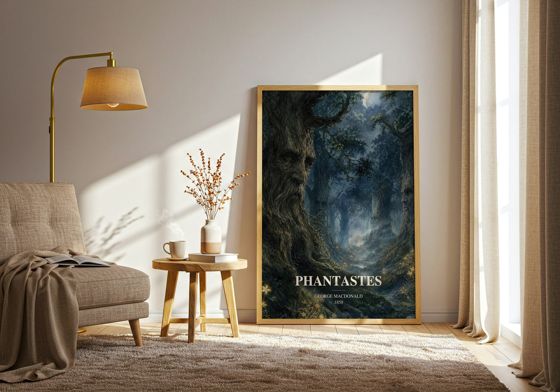 Phantastes watercolour print in frame leaning in hallway – fantasy wall art (mockup)