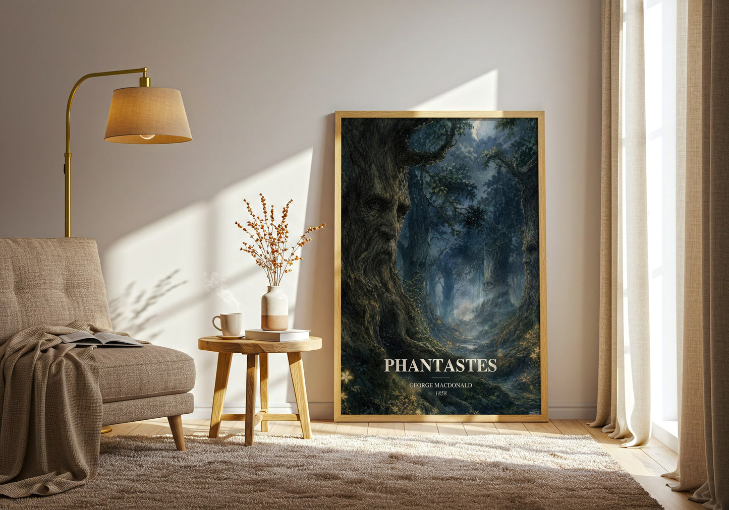 Phantastes watercolour print in frame leaning in hallway – fantasy wall art