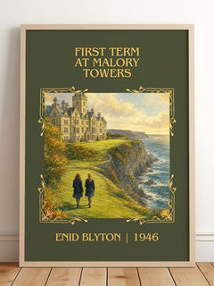First Term At Malory Towers Classic Book Art Print by Enid Blyton – framed print leaning on a wooden floor