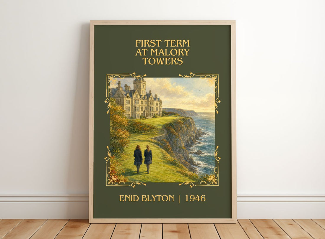 First Term At Malory Towers Classic Book Art Print by Enid Blyton – framed print leaning on a wooden floor