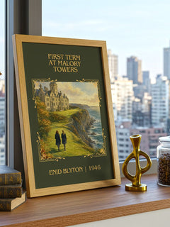 First Term At Malory Towers Classic Book Art Print by Enid Blyton – framed print on a city-view windowsill