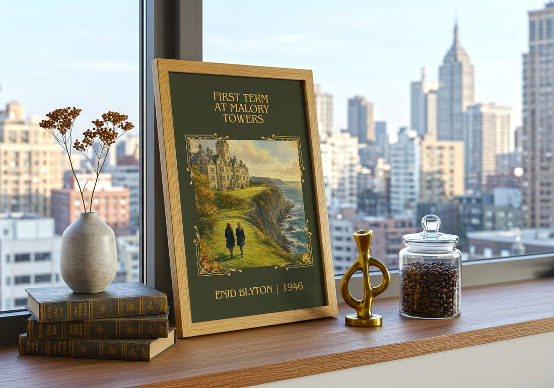 First Term At Malory Towers Classic Book Art Print by Enid Blyton – framed print on a city-view windowsill