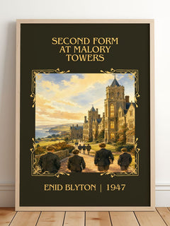 Second Form At Malory Towers Classic Book Art Print by Enid Blyton – framed print leaning on a wooden floor