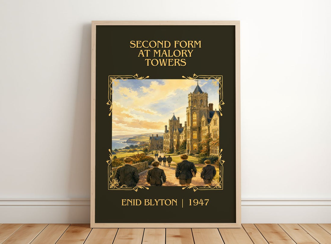 Second Form At Malory Towers Classic Book Art Print by Enid Blyton – framed print leaning on a wooden floor