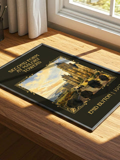 Second Form At Malory Towers Classic Book Art Print by Enid Blyton – print on a sunlit desk