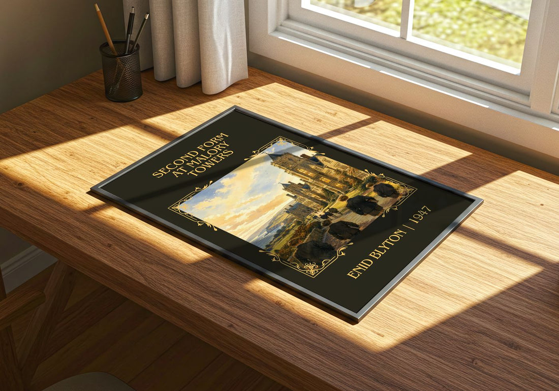 Second Form At Malory Towers Classic Book Art Print by Enid Blyton – print on a sunlit desk