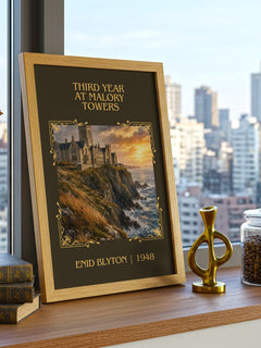 Third Year At Malory Towers Classic Book Art Print by Enid Blyton – framed print on a city-view windowsill