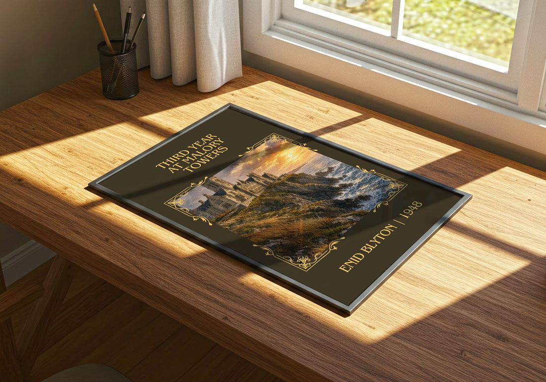 Third Year At Malory Towers Classic Book Art Print by Enid Blyton – print on a sunlit desk