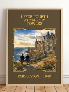 Upper Fourth At Malory Towers Classic Book Art Print by Enid Blyton – framed print leaning on a wooden floor