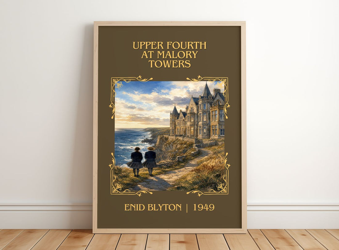Upper Fourth At Malory Towers Classic Book Art Print by Enid Blyton – framed print leaning on a wooden floor