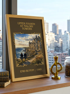 Upper Fourth At Malory Towers Classic Book Art Print by Enid Blyton – framed print on a city-view windowsill