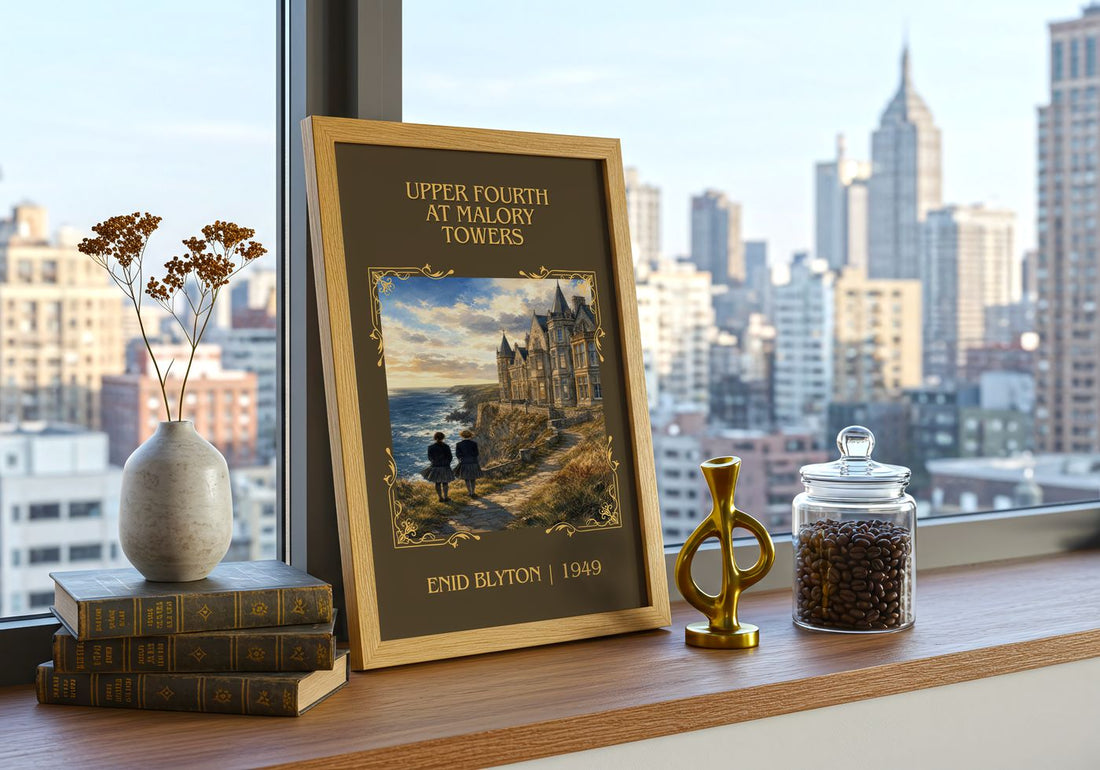 Upper Fourth At Malory Towers Classic Book Art Print by Enid Blyton – framed print on a city-view windowsill